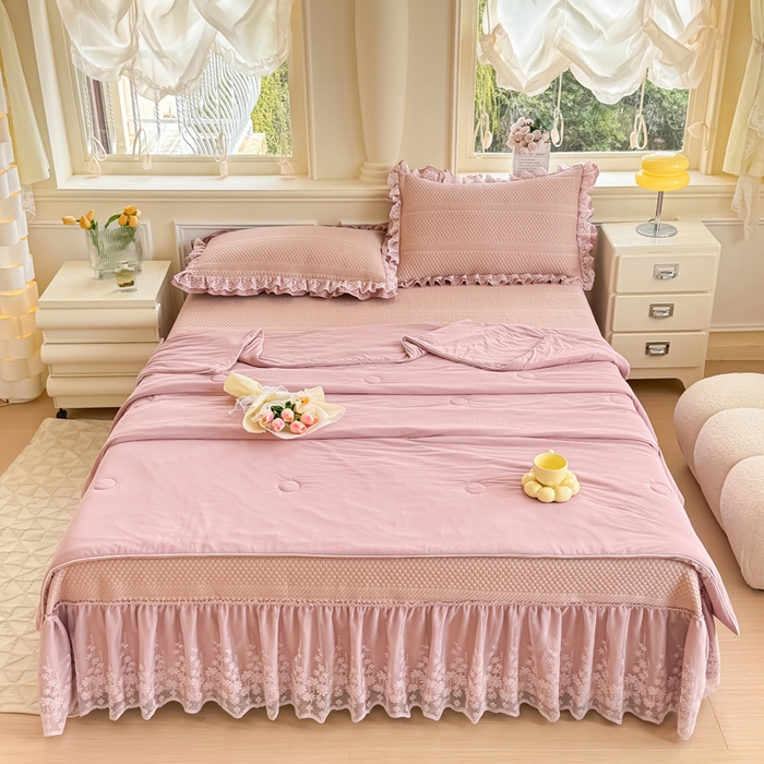 91家纺网 家纺一手货源 找家纺 慧菲  2025新款PE高分子凉感席床裙凉席三件套 【6-7斤】 粉豆沙