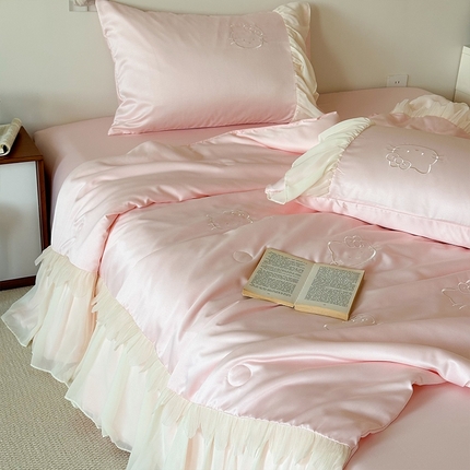 山茶家纺  2025新款水洗天丝刺绣夏被四件套 可可猫-粉