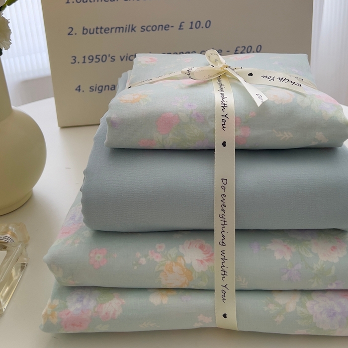 91家纺网 家纺一手货源 找家纺 优品阁 2025新款人字纹全棉双层纱四件套 蓝色恋人【升级款-提花人字纹床单】