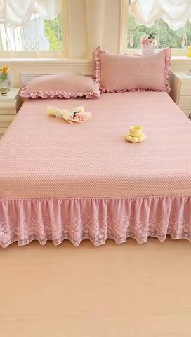 91家纺网 家纺一手货源 找家纺 慧菲  2025新款PE高分子凉感席床裙凉席三件套 【6-7斤】 粉豆沙