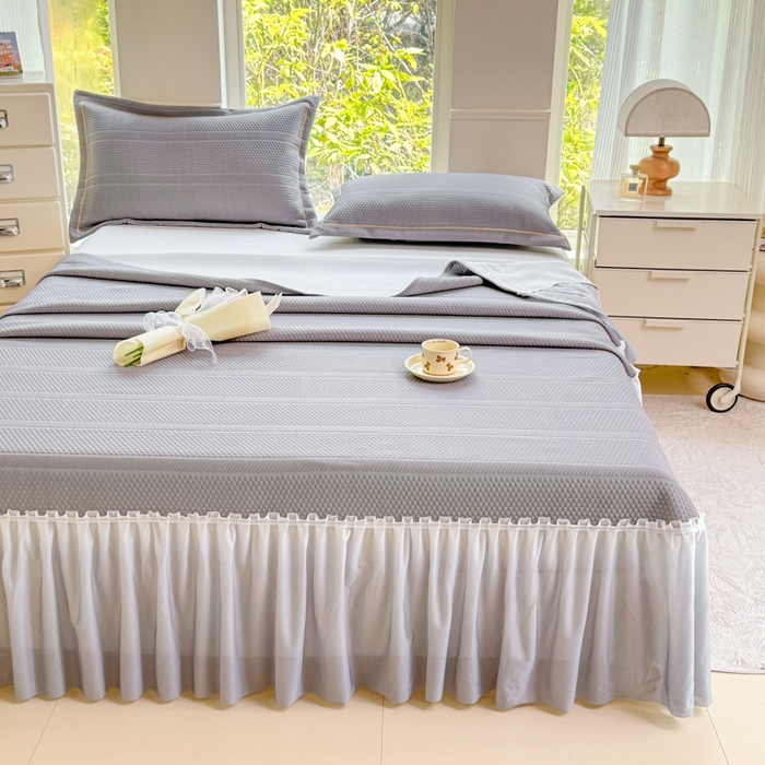 91家纺网 家纺一手货源 找家纺 慧菲 2025新款渐变床裙PE高分子凉感席床裙凉席三件套  高级灰