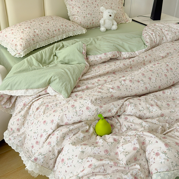 91家纺网 家纺一手货源 找家纺 竹合家纺 2025新款云感皱皱四件套-镂空花边款法式 花边款-玫瑰