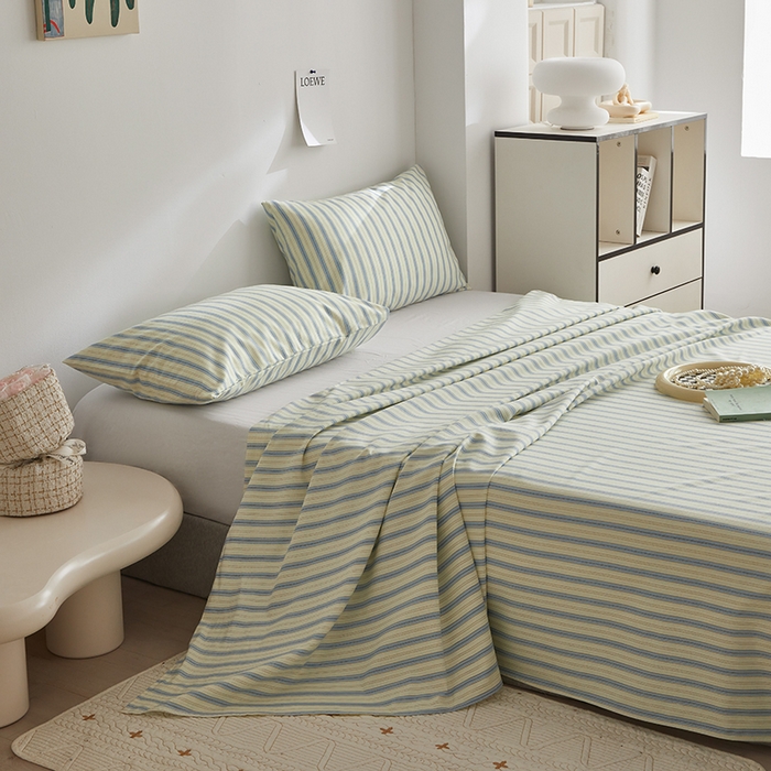 91家纺网 家纺一手货源 找家纺 怡家居 2025新款全棉老粗布床单床笠三件套 初夏-蓝