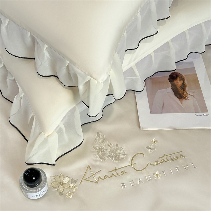 91家纺网 家纺一手货源 找家纺 梦舒羽 2025新款水洗真丝花边枕套凉感枕头套夏天薄款枕芯套 奶油浅紫