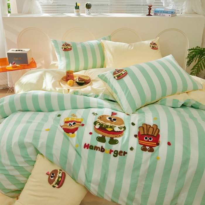 91家纺网 家纺一手货源 找家纺 徕米家居  2025新款色织全棉水洗棉毛巾绣四件套 汉堡家族