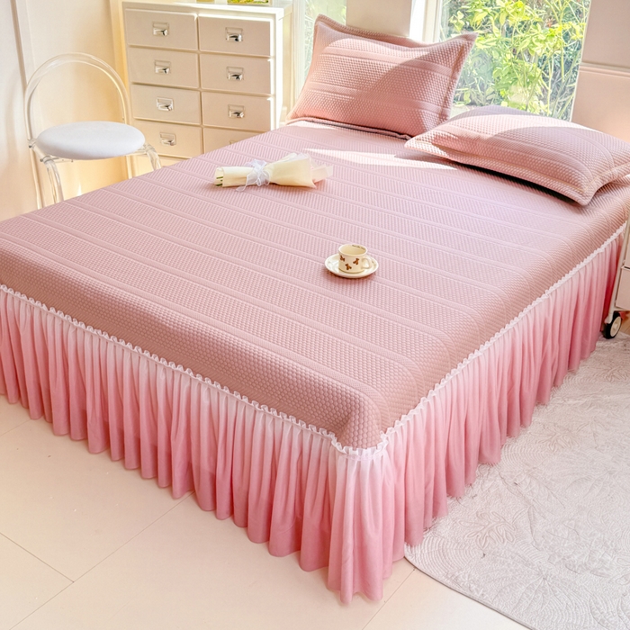 91家纺网 家纺一手货源 找家纺 慧菲 2025新款渐变床裙PE高分子凉感席床裙凉席三件套  少女粉