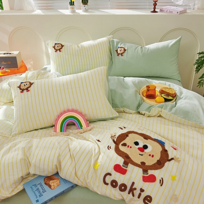 91家纺网 家纺一手货源 找家纺 徕米家居  2025新款色织全棉水洗棉毛巾绣四件套 条纹曲奇