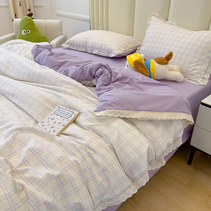 91家纺网 家纺一手货源 找家纺 竹合家纺 2025新款云感皱皱四件套-镂空花边款法式 花边款-幸运格