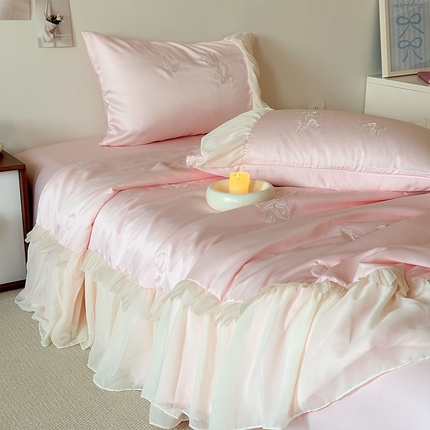 山茶家纺  2025新款水洗天丝刺绣夏被四件套 蝴蝶-粉