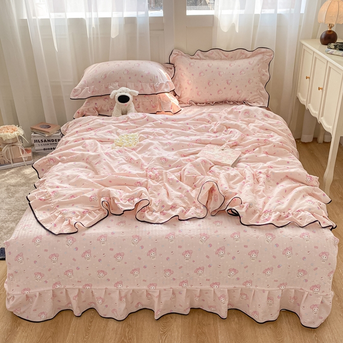 91家纺网 家纺一手货源 找家纺 2025新款云感双层纱夏被四件套-床盖款 小美冰激凌