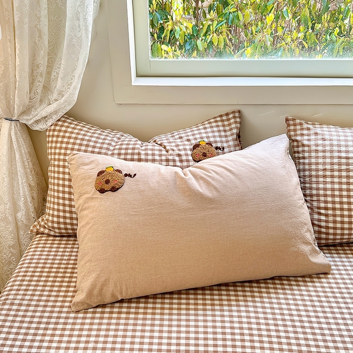 91家纺网 家纺一手货源 找家纺 徕米家居  2025新款色织全棉水洗棉毛巾绣四件套 卡皮巴拉-咖