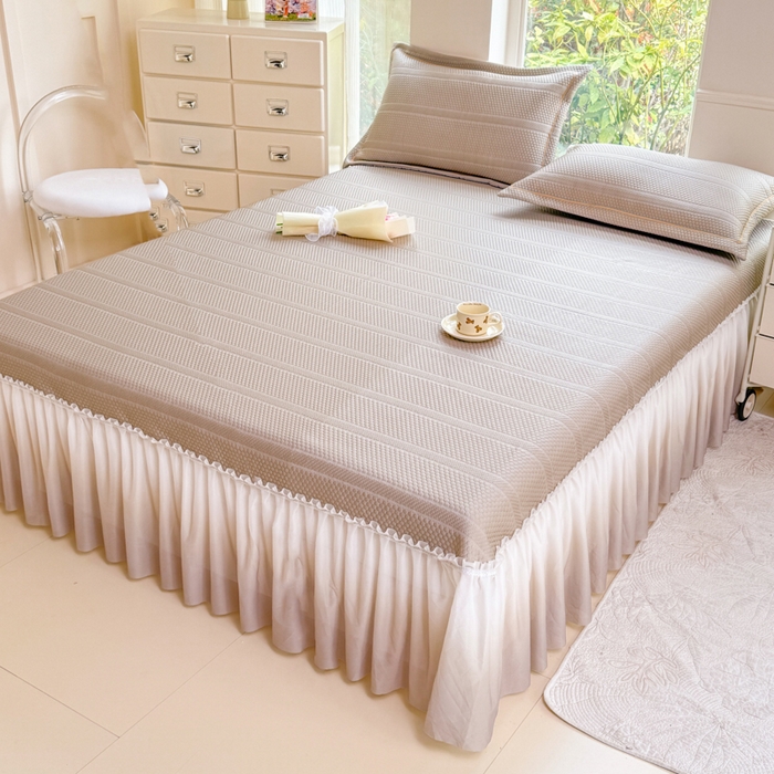 91家纺网 家纺一手货源 找家纺 慧菲 2025新款渐变床裙PE高分子凉感席床裙凉席三件套  香槟咖