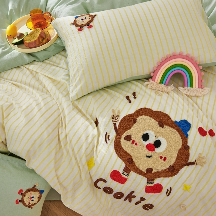 91家纺网 家纺一手货源 找家纺 徕米家居  2025新款色织全棉水洗棉毛巾绣四件套 条纹曲奇