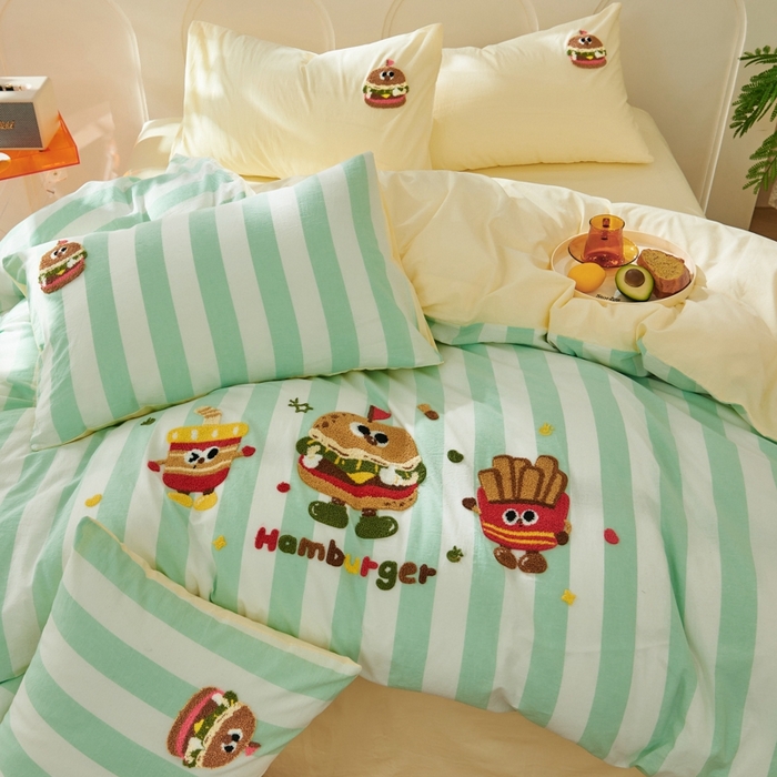 91家纺网 家纺一手货源 找家纺 徕米家居  2025新款色织全棉水洗棉毛巾绣四件套 汉堡家族