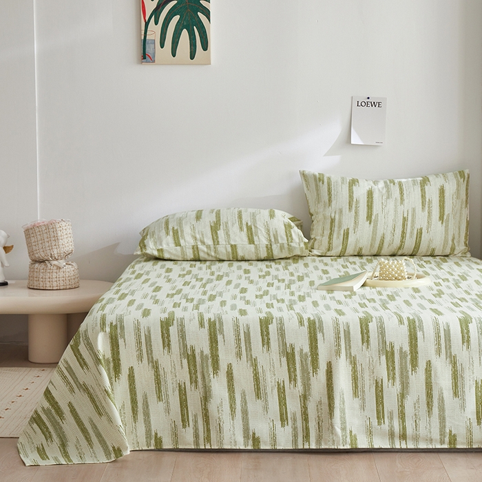 91家纺网 家纺一手货源 找家纺 怡家居 2025新款全棉老粗布床单床笠三件套 时空-绿