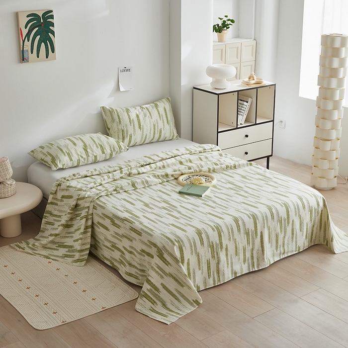 91家纺网 家纺一手货源 找家纺 怡家居 2025新款全棉老粗布床单床笠三件套 时空-绿