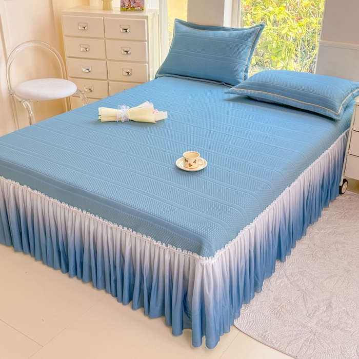 91家纺网 家纺一手货源 找家纺 慧菲 2025新款渐变床裙PE高分子凉感席床裙凉席三件套  天空蓝