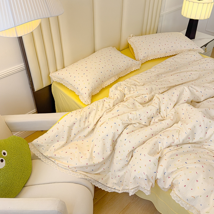 91家纺网 家纺一手货源 找家纺 竹合家纺 2025新款云感皱皱四件套-镂空花边款法式 花边款-芝士奶酪