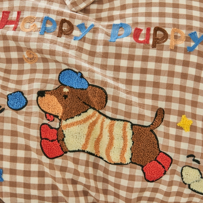 91家纺网 家纺一手货源 找家纺 徕米家居  2025新款色织全棉水洗棉毛巾绣四件套 奔跑小狗-卡其