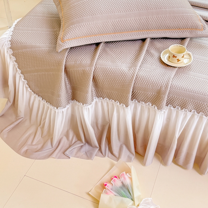 91家纺网 家纺一手货源 找家纺 慧菲 2025新款渐变床裙PE高分子凉感席床裙凉席三件套  香槟咖