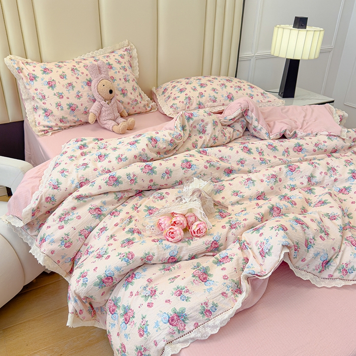 91家纺网 家纺一手货源 找家纺 竹合家纺 2025新款云感皱皱四件套-镂空花边款法式 花边款-美娜