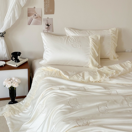 山茶家纺  2025新款水洗天丝刺绣夏被四件套 可可猫-白