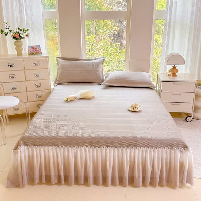 91家纺网 家纺一手货源 找家纺 慧菲 2025新款渐变床裙PE高分子凉感席床裙凉席三件套  香槟咖