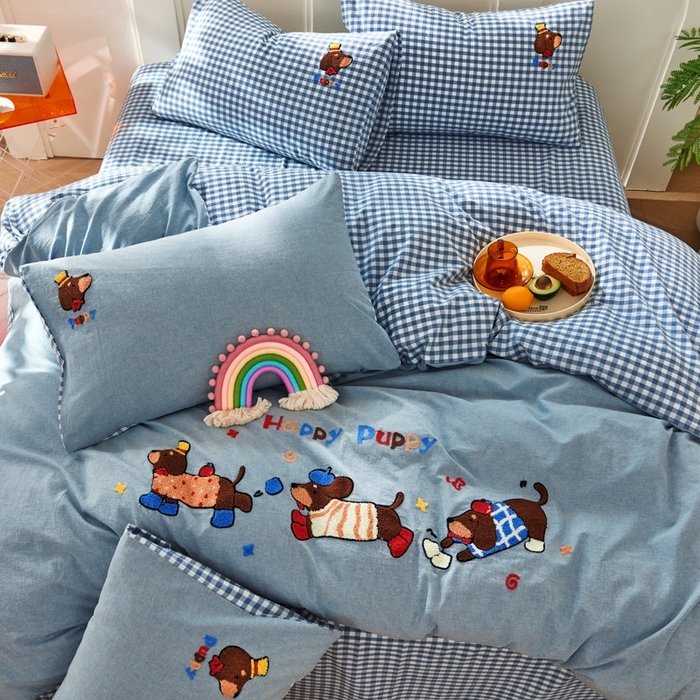 91家纺网 家纺一手货源 找家纺 徕米家居  2025新款色织全棉水洗棉毛巾绣四件套 奔跑小狗-蓝