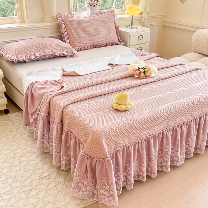 91家纺网 家纺一手货源 找家纺 慧菲  2025新款PE高分子凉感席床裙凉席三件套 【6-7斤】 粉豆沙