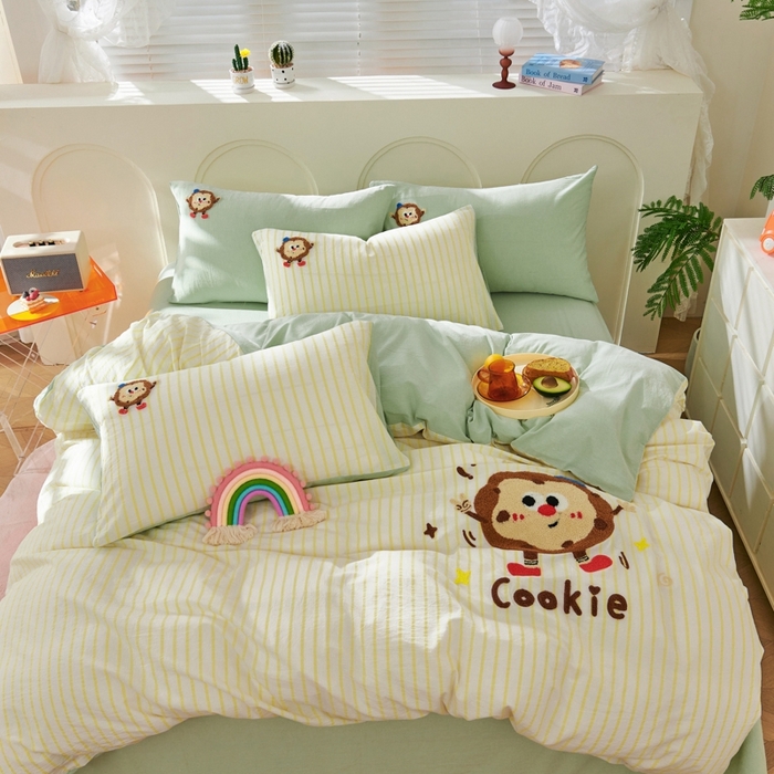 91家纺网 家纺一手货源 找家纺 徕米家居  2025新款色织全棉水洗棉毛巾绣四件套 条纹曲奇