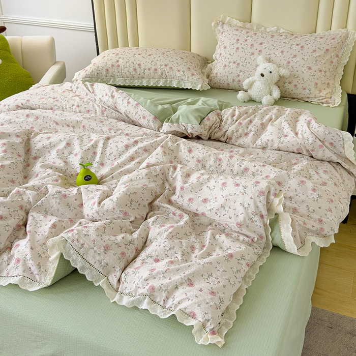 91家纺网 家纺一手货源 找家纺 竹合家纺 2025新款云感皱皱四件套-镂空花边款法式 花边款-玫瑰