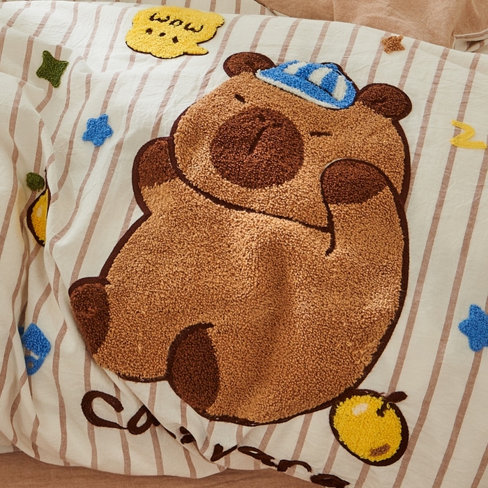 91家纺网 家纺一手货源 找家纺 徕米家居  2025新款色织全棉水洗棉毛巾绣四件套 条纹卡皮巴拉