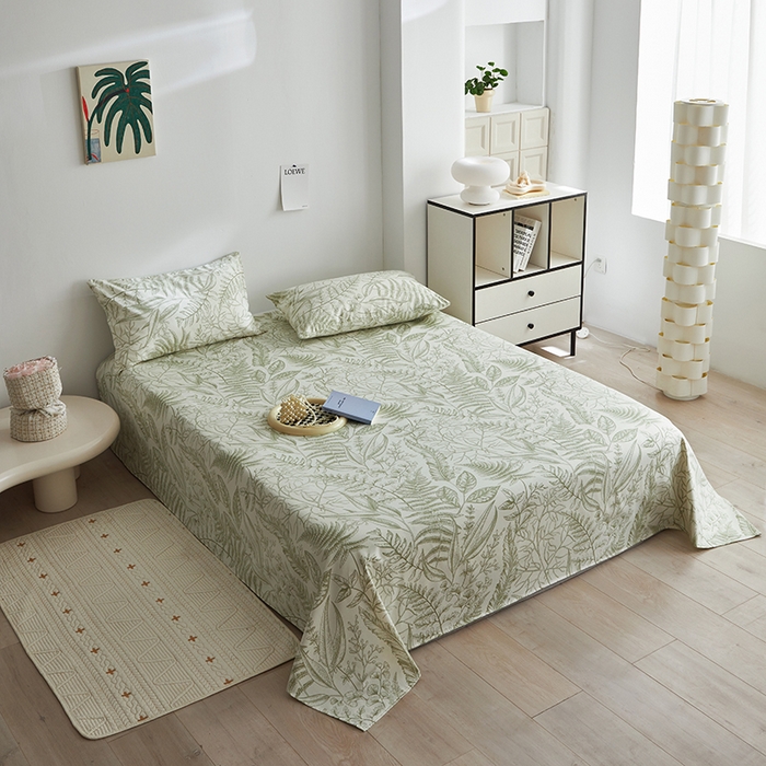 91家纺网 家纺一手货源 找家纺 怡家居 2025新款全棉老粗布床单床笠三件套 云锦-绿