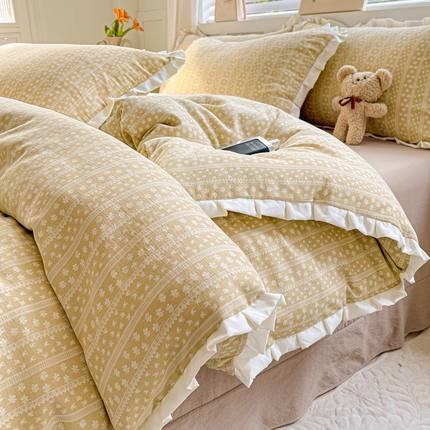 优选良品 2025新款直播热款赫本风皱皱双层纱花边款针织皱皱纱法式印花吊边床单三件套床笠四件套 莫奈