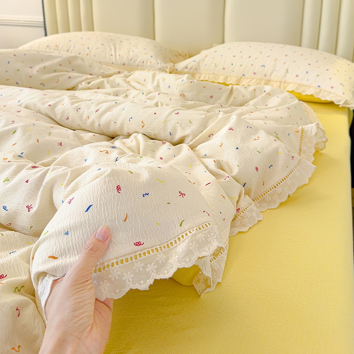 91家纺网 家纺一手货源 找家纺 竹合家纺 2025新款云感皱皱四件套-镂空花边款法式 花边款-芝士奶酪