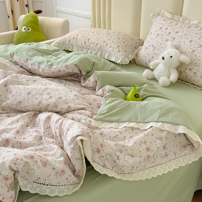 91家纺网 家纺一手货源 找家纺 竹合家纺 2025新款云感皱皱四件套-镂空花边款法式 花边款-玫瑰