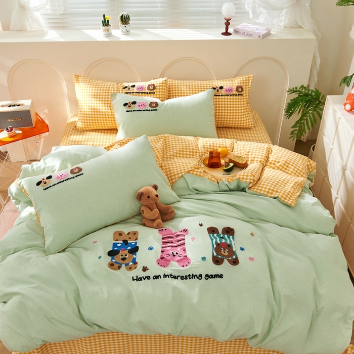 91家纺网 家纺一手货源 找家纺 徕米家居  2025新款色织全棉水洗棉毛巾绣四件套 顽皮狗