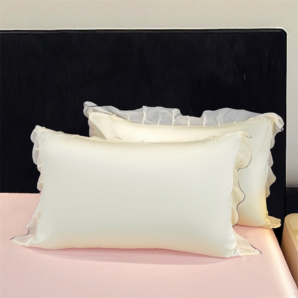 梦舒羽2025新款水洗真丝花边枕套凉感枕头套夏天薄款枕芯套 奶油浅粉