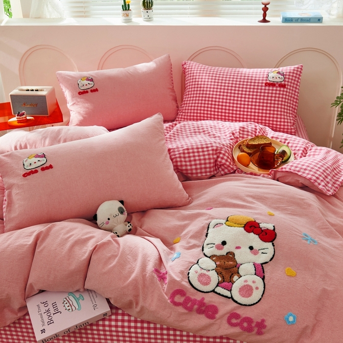 91家纺网 家纺一手货源 找家纺 徕米家居  2025新款色织全棉水洗棉毛巾绣四件套 开心KT