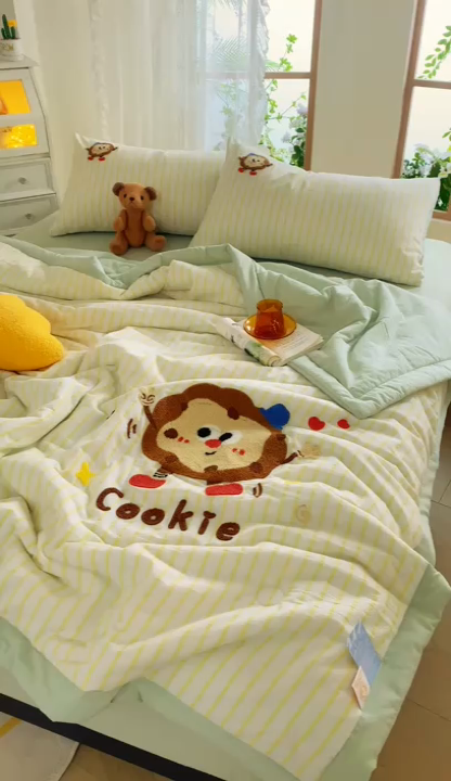 91家纺网 家纺一手货源 找家纺 徕米家居  2025新款色织全棉纯棉绣花夏被夏凉被空调被四件套 条纹曲奇