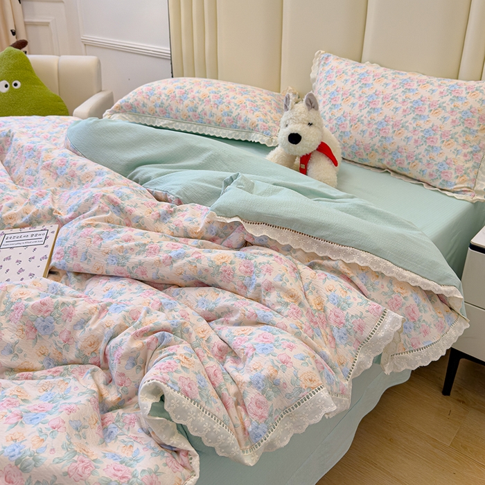 91家纺网 家纺一手货源 找家纺 竹合家纺 2025新款云感皱皱四件套-镂空花边款法式 花边款-薄荷初夏