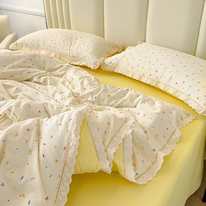 91家纺网 家纺一手货源 找家纺 竹合家纺 2025新款云感皱皱四件套-镂空花边款法式 花边款-芝士奶酪