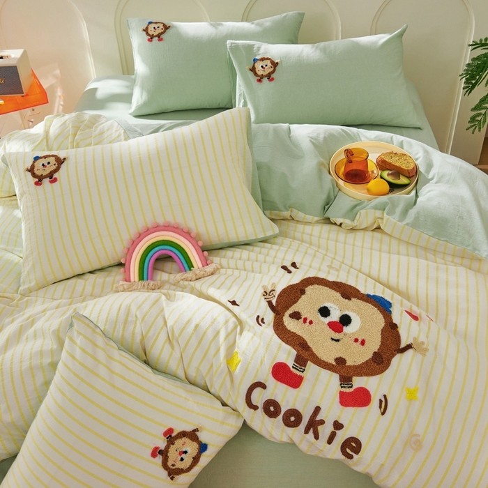 91家纺网 家纺一手货源 找家纺 徕米家居  2025新款色织全棉水洗棉毛巾绣四件套 条纹曲奇