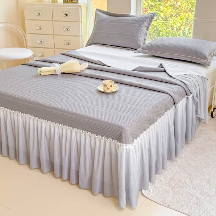 91家纺网 家纺一手货源 找家纺 慧菲 2025新款渐变床裙PE高分子凉感席床裙凉席三件套  高级灰