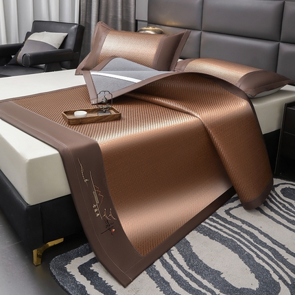 91家纺网 家纺一手货源 找家纺 卡罗兰 2025新款PE超冷感霸王藤刺绣凉席冰藤席床单款 霸王藤-咖色