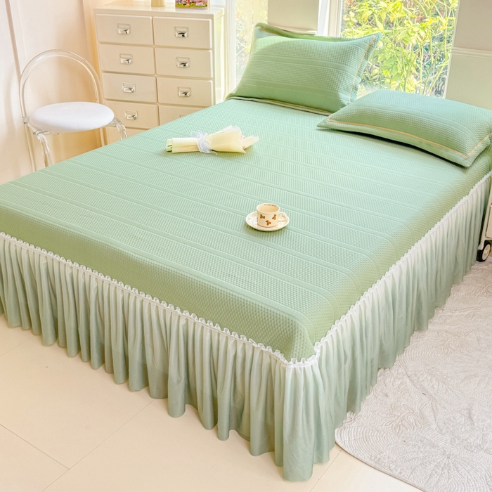 91家纺网 家纺一手货源 找家纺 慧菲 2025新款渐变床裙PE高分子凉感席床裙凉席三件套  水波绿