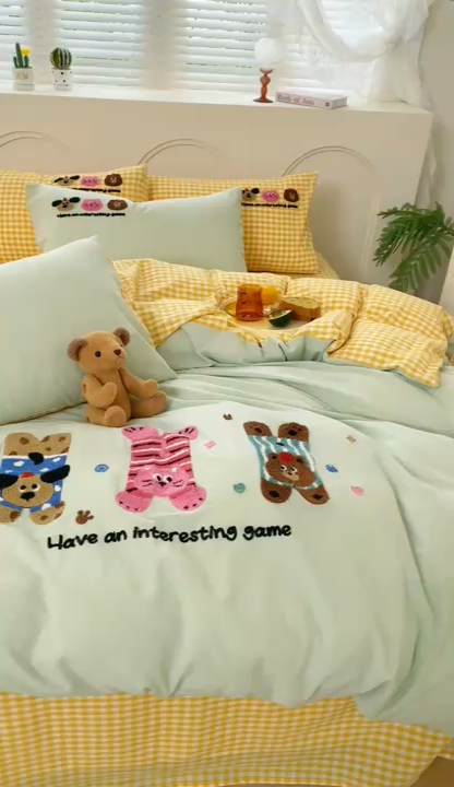 91家纺网 家纺一手货源 找家纺 徕米家居  2025新款色织全棉水洗棉毛巾绣四件套 顽皮狗