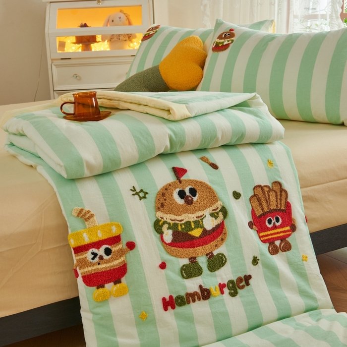 91家纺网 家纺一手货源 找家纺 2025新款色织全棉纯棉绣花单夏被夏凉被空调被 汉堡家族