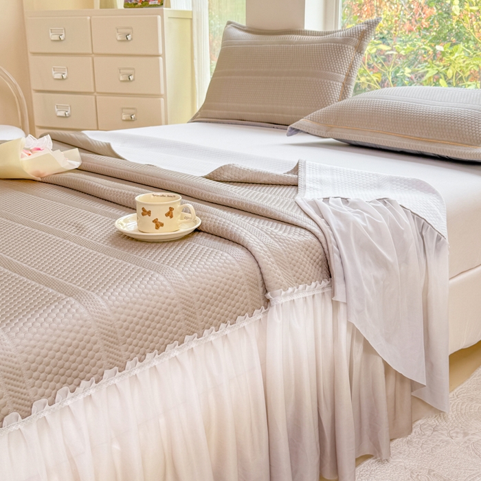 91家纺网 家纺一手货源 找家纺 慧菲 2025新款渐变床裙PE高分子凉感席床裙凉席三件套  香槟咖