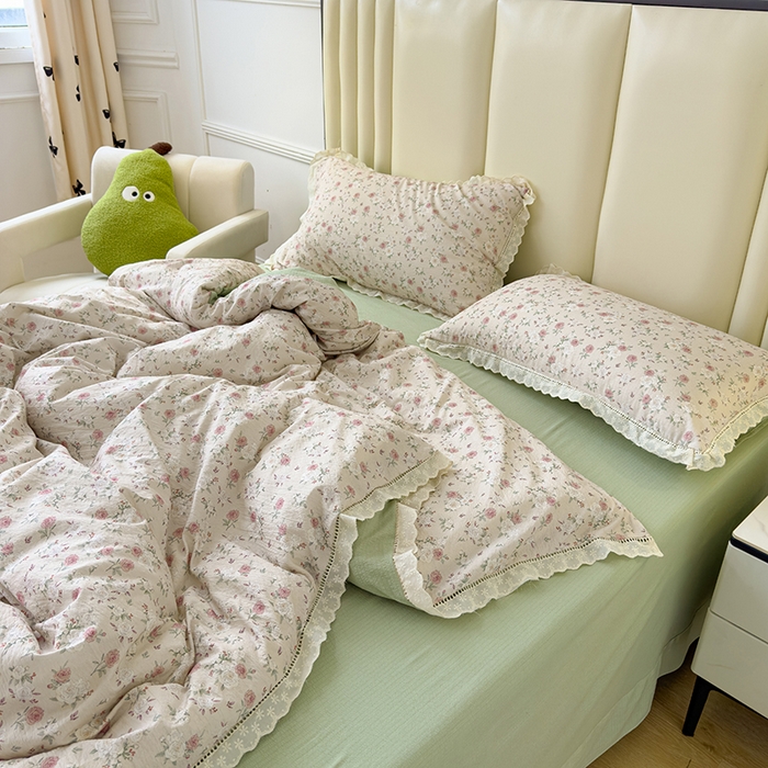 91家纺网 家纺一手货源 找家纺 竹合家纺 2025新款云感皱皱四件套-镂空花边款法式 花边款-玫瑰